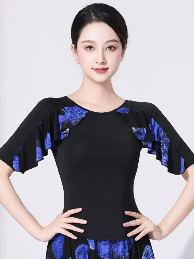 Women Printed Latin Dance Top Floral Cascade Ruffles MId Sleeves Slim Fit Salsa Bachata Performance Wear Stretch Breathable