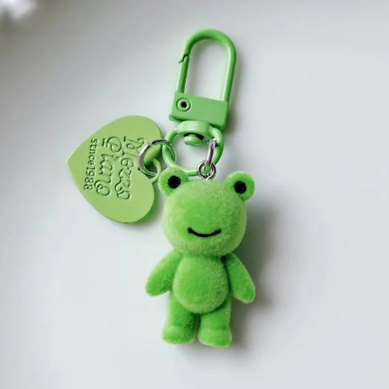 3D Cartoon Flocking Frog Keychain Cute Keyring Bag Pendant Backpack Charms Car Decor Accessories