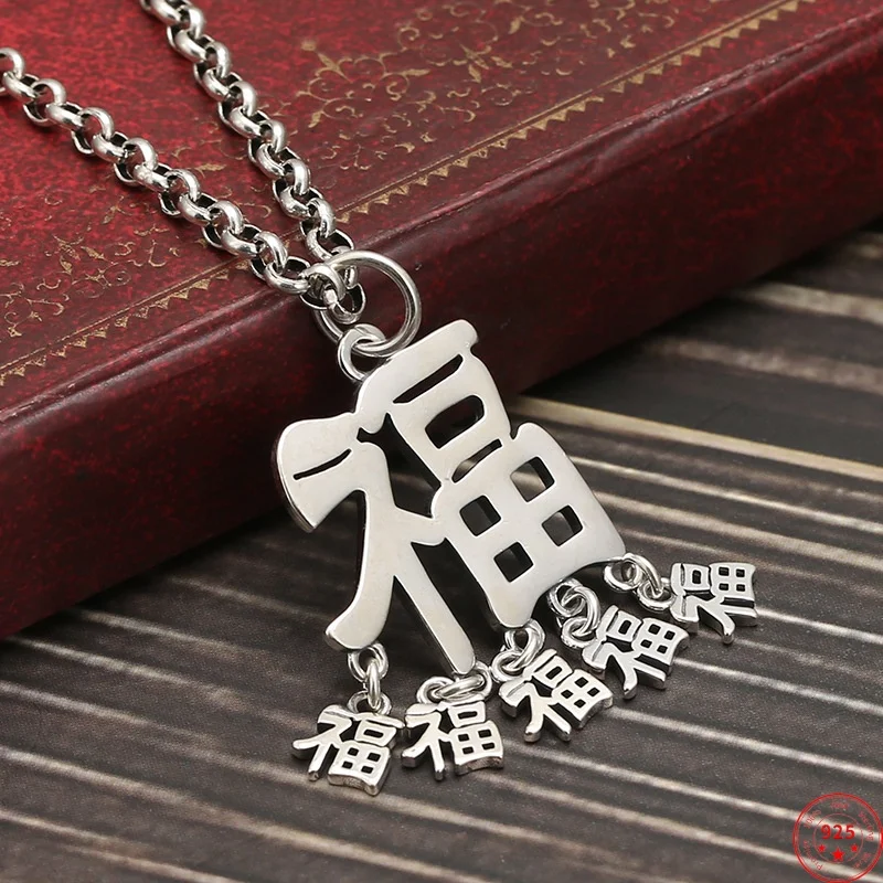 

BOCAI 100% S925 Silver Jewelry Five Blessings Original Design Sweater Chain Chinese Style Blessing Character Pendant for Women