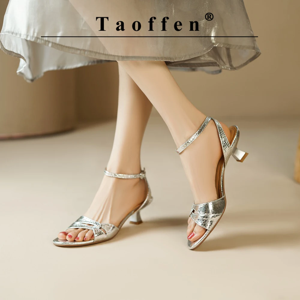 Taoffen Metallic Color Fashion Women\'s Sandals Low-Heel Thin Heel Textures Sandals Peep Toe Handmade Retor Slingback Heels Shoes