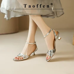 Taoffen Metallic Color Fashion Women's Sandals Low-Heel Thin Heel Textures Sandals Peep Toe Handmade Retor Slingback Heels Shoes