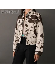 TWOTWINSTYL Hit Color Patchwork Pockets Printing Coats For Women Lapel Long Sleeve Spliced Button Loose Jackets Female Fashion