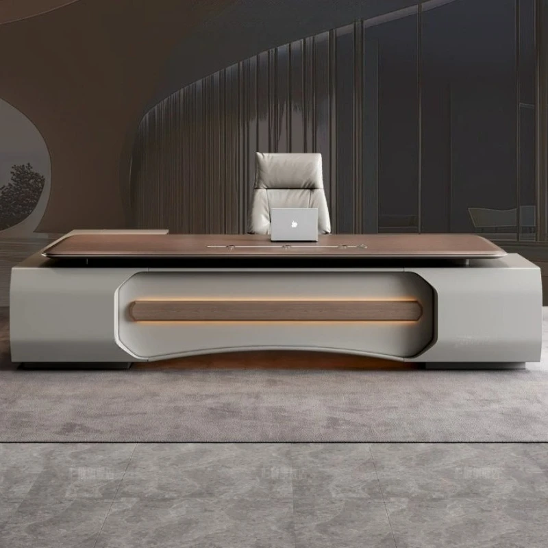 Italian Light‑Luxury LED Executive Desk Modern E0 Eco‑Friendly Boss Office Desk with Gold Trim for Chairman Director Workspace