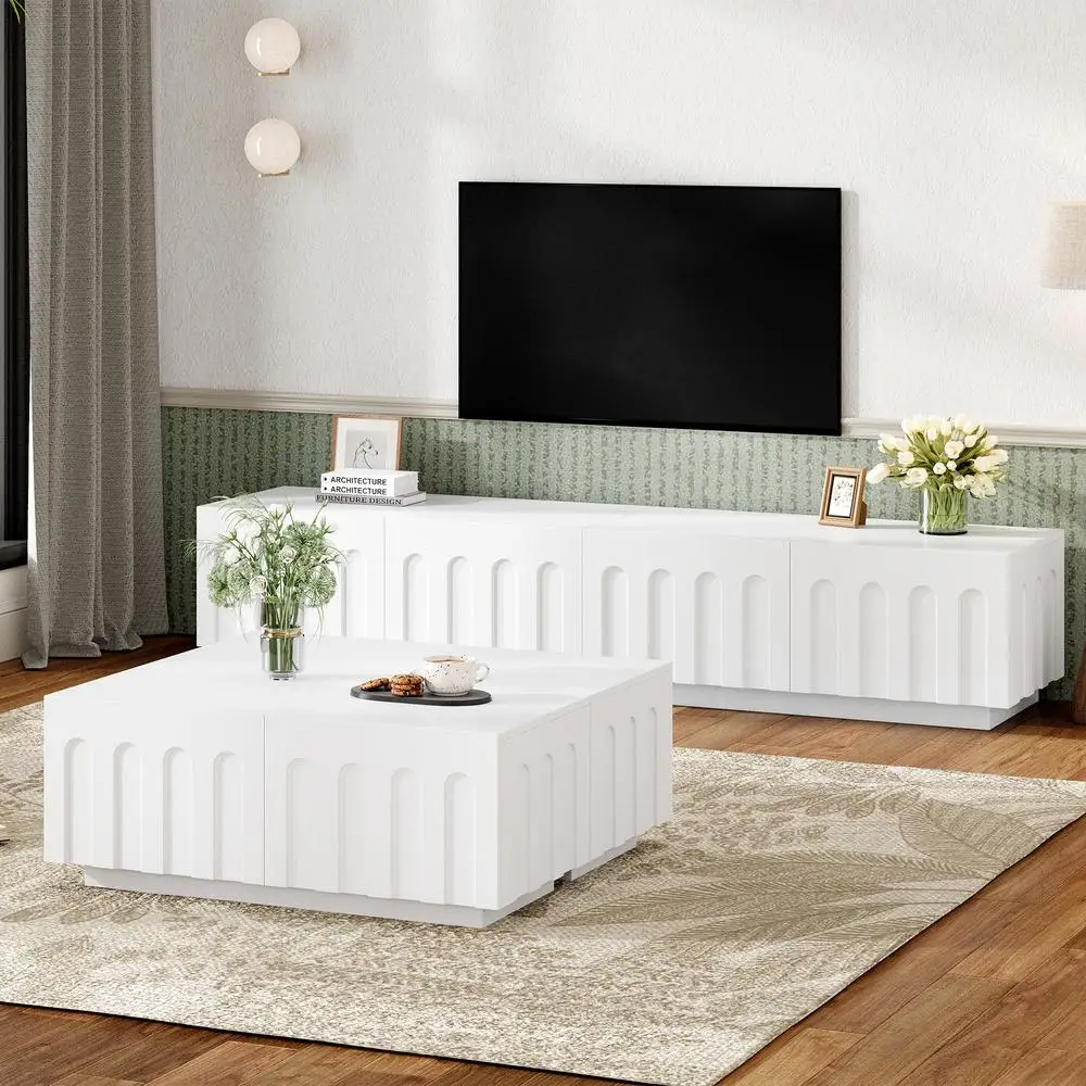 

Elegant White TV Stand & Coffee Table Set 2-in-1 Media Console Dual Purpose Arched Design Storage Up to 80" TVs