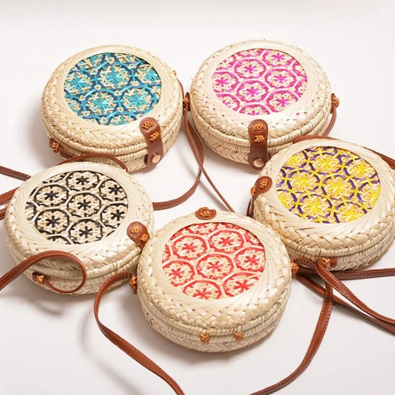 Pink Star Pattern Handwoven Round Bamboo Crossbody Bag Mini Hard Shell Boho Straw Shoulder Purse for Women Summer Beach Vacation