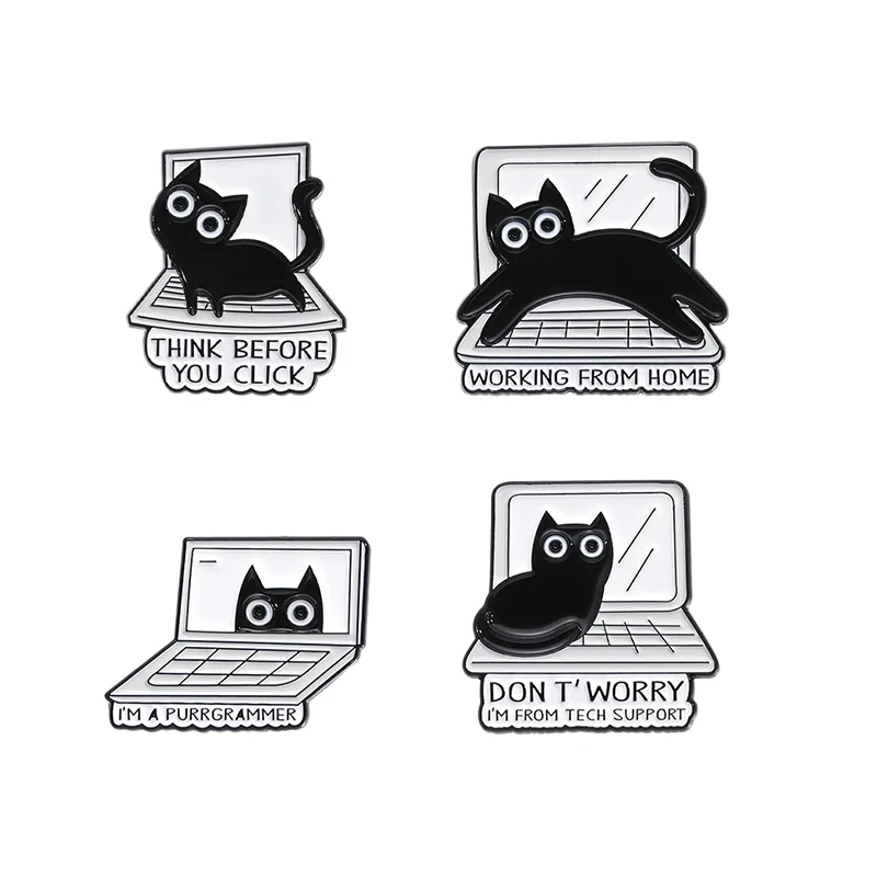 Think Before Click Enamel Pins Black Cat Computer Programer Brooch Lapel Badges Jewelry Gift for Friends Kids