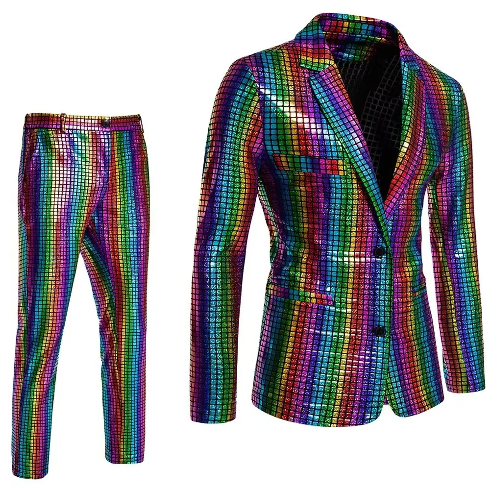 

Men's Fashion Sequin Hot Stamp Suit Disco Cosplay Party Stage Nightclub Shiny Cool Performance Set S-3XL