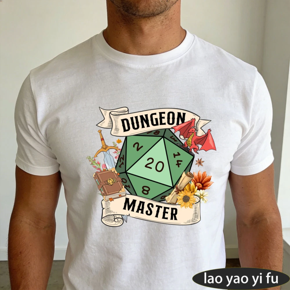 Dungeon Master D20 Dice with Dragon & Sword Art Print T-Shirt Men's Tabletop Gaming Casual Shirt O-neck Hot Sale cotton Tops