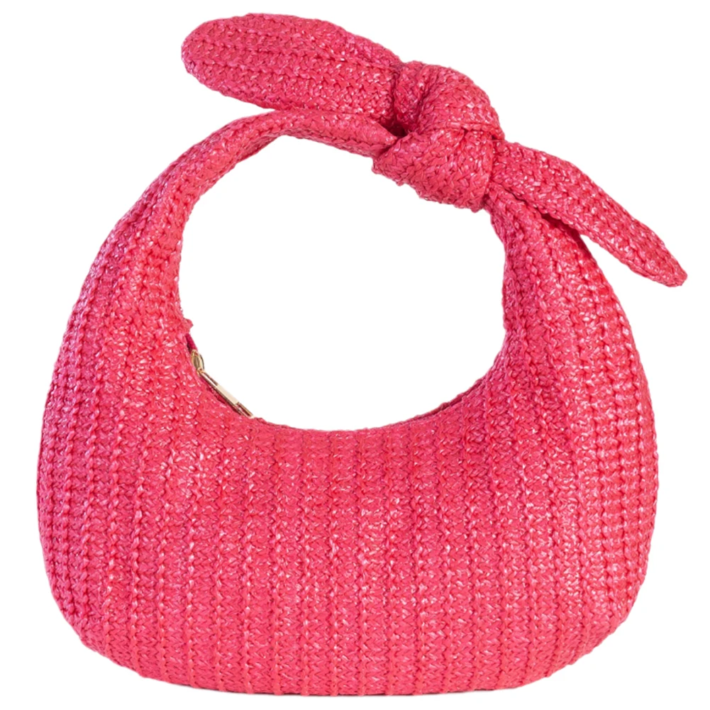 Embreagem de palha atada para mulheres, Bolsa com arco, Embreagem noturna de bolinho, Fecho com zíper, Saco de banquete, Saco diário feminino