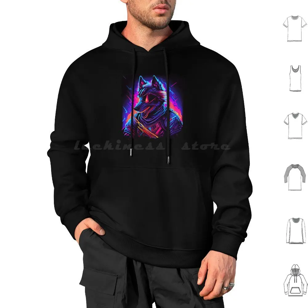 Synthwave Wolf Retro Vintage Retrowave Hoodie cotton Long Sleeve Dog Synthwave Puppy Synthwave Dog Vaporwave Sunset