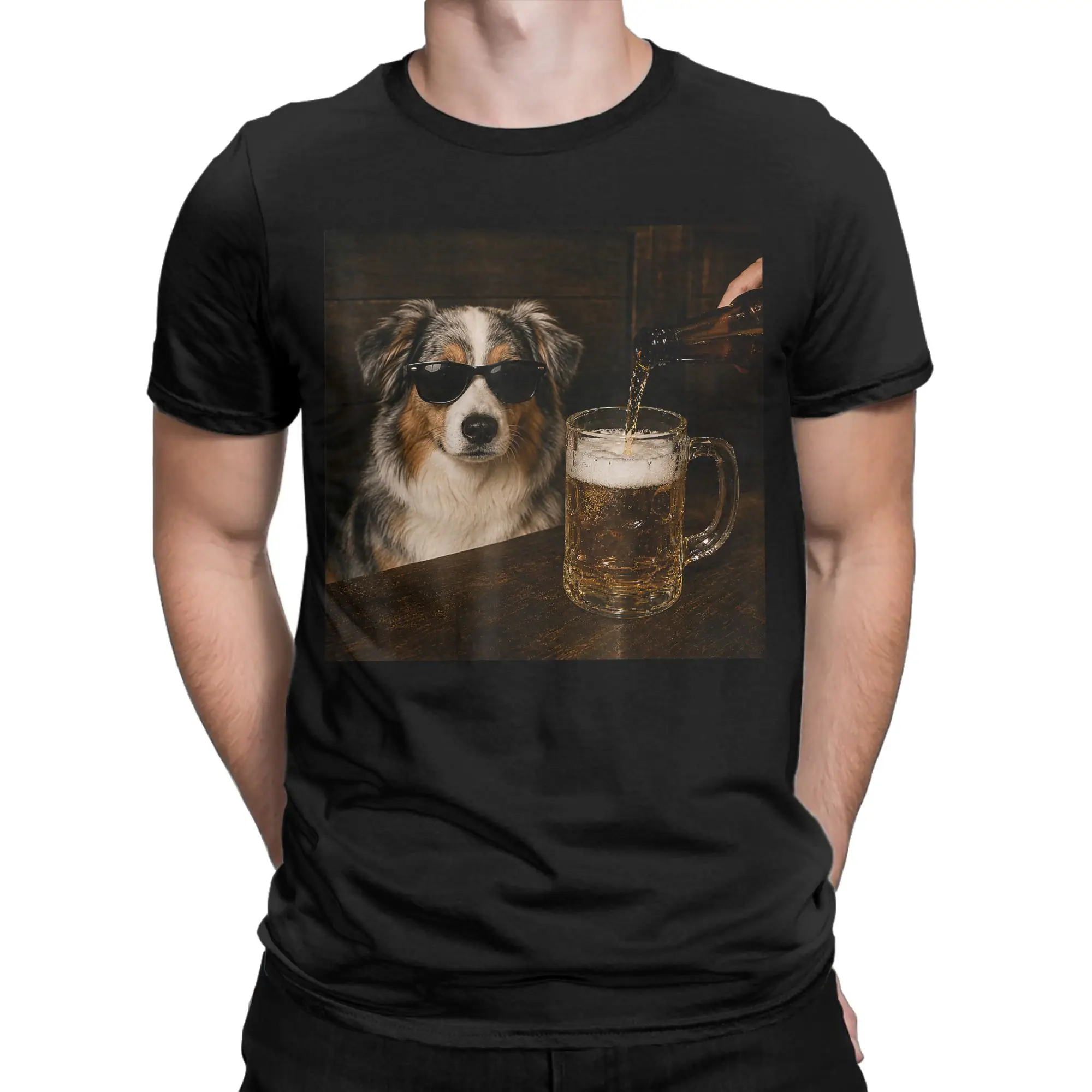 Camiseta divertida con estampado de perro pastor australiano bebiendo cerveza para hombre, ropa informal de manga corta con cuello redondo, camisetas gráficas