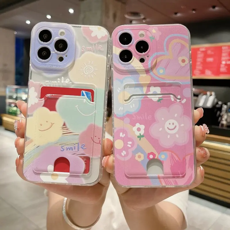 Colour Smile Flower Card Holder Bag Phone Case For iPhone 16 15 14 13 12 Mini 11 Pro XS Max XR X SE 2022 16 Plus Silicone Cover