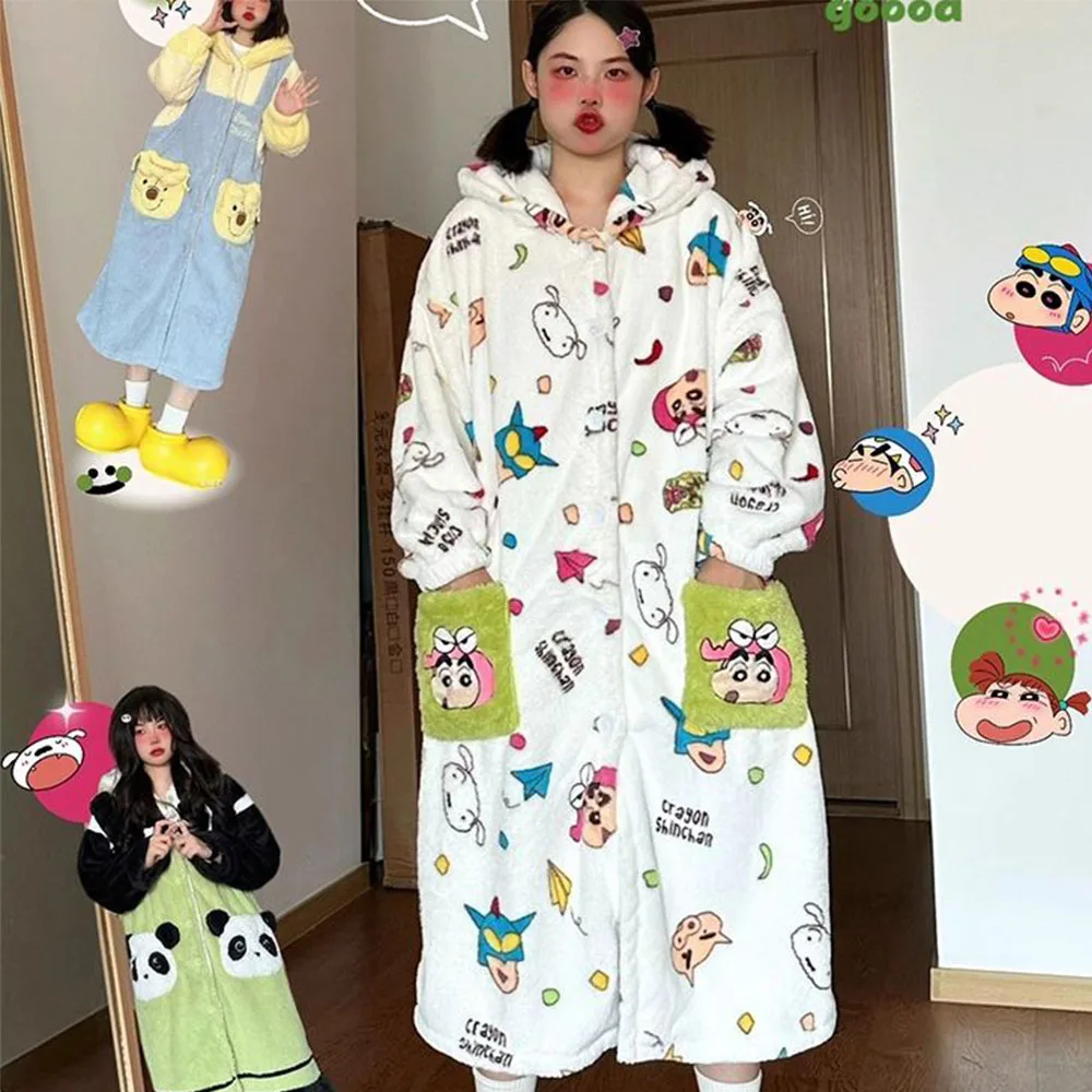 Cute Crayon Shin-Chan Women Hooded Sleep Robe Full Pattern Coral Fleece Bathrobe Zipper Front Loose Oversized Warm Flannel Home