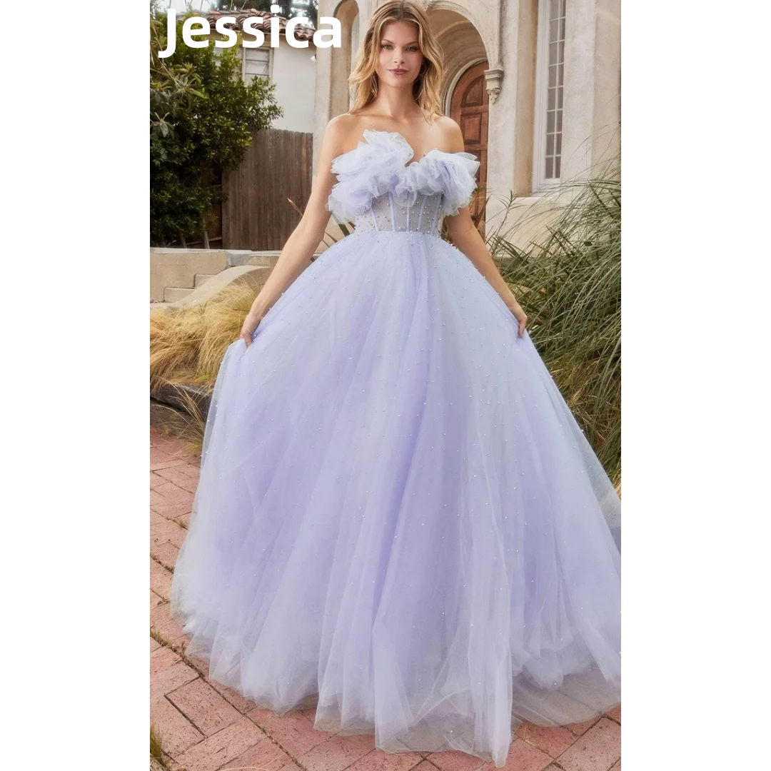 Jessica Light Purple Sweetheart Prom Dresses Pearl Tulle Princess Evening Dresses Sexy Strapless Party Dresses 2024Wedding Dress