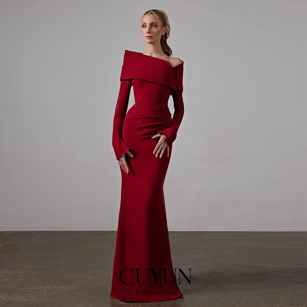 

CUYUN Customized Red off the Shoulder Evening Dresses Mermaid Long Sleeves Bridesmaid Dress 2026 Formal Dinner Dress Pleated