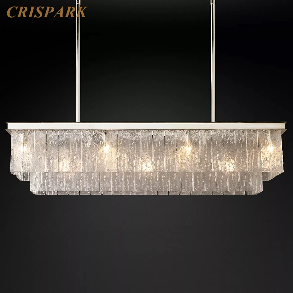 

Glace Rectangular Chandelier LED Modern Two-Tier Textured Glass Ceiling Chandelier Lamp Linear Island Lustre for Dining Table