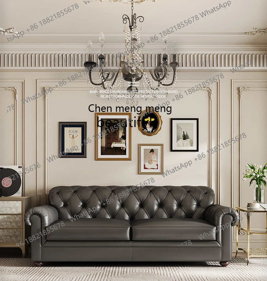 z183 Sofa living room new buckle retro leather sofa straight row