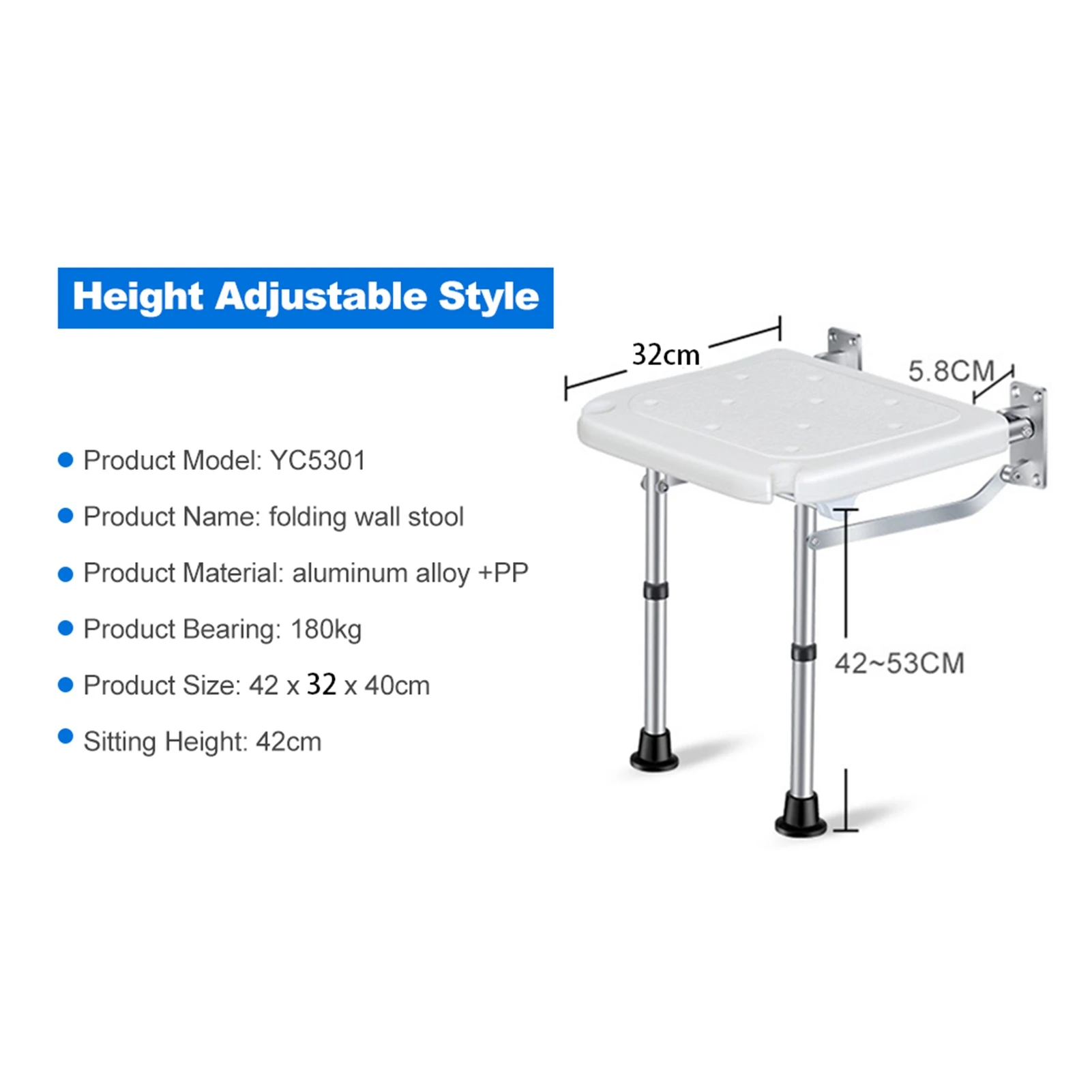 للطي دش مقعد الحائط المسمار في كرسي الحمام البراز مع أقدام عدم الانزلاق ثقوب الصرف كبار السن ارتفاع قابل للتعديل #5