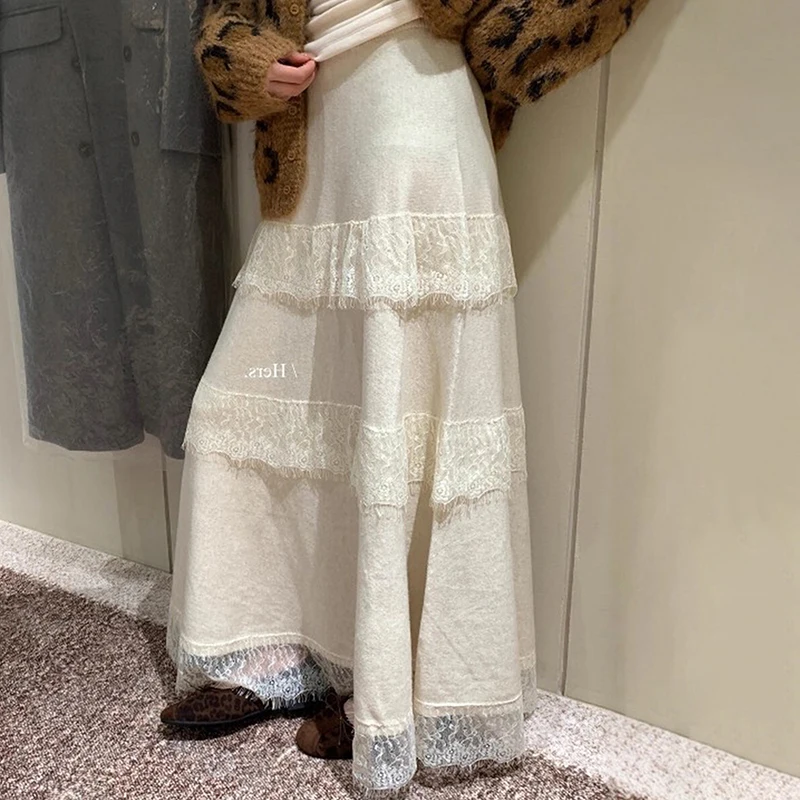 

Elegant Fashionable Ladies Skirts 2025 New Autumn Women's Lace-trimmed Skirt Stylish Leisure Versatile Knitted A-line Skirts