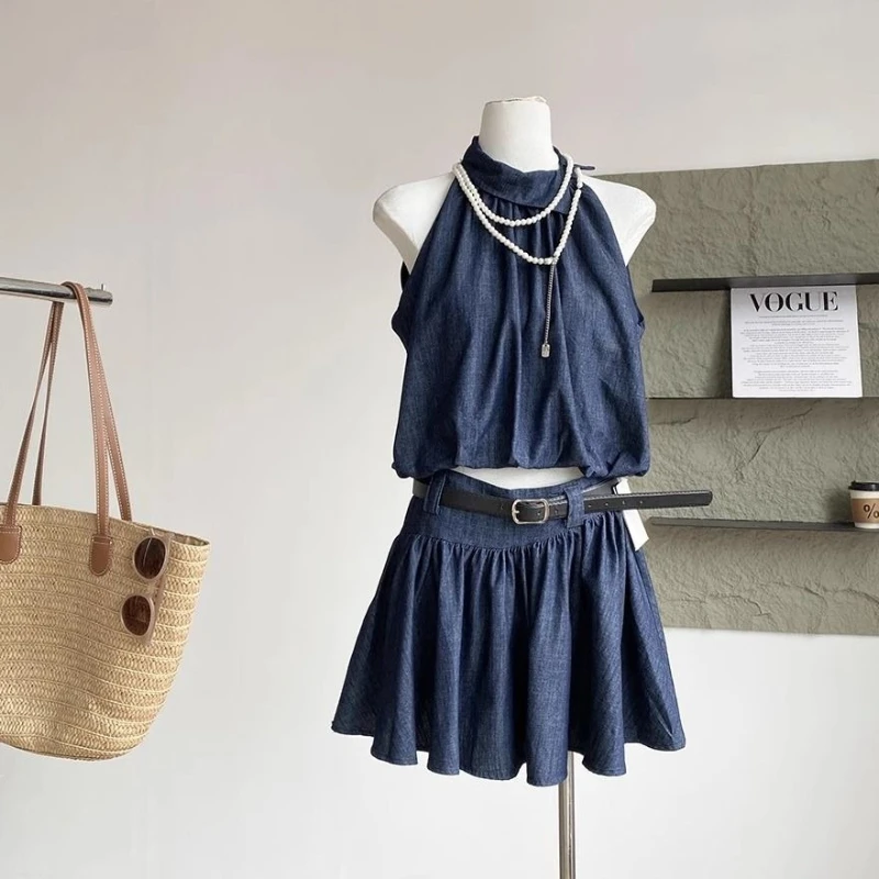 

Summer new sweet spicy girl style design sense lapel collar design sense vest+high waist short skirt two piece set for women