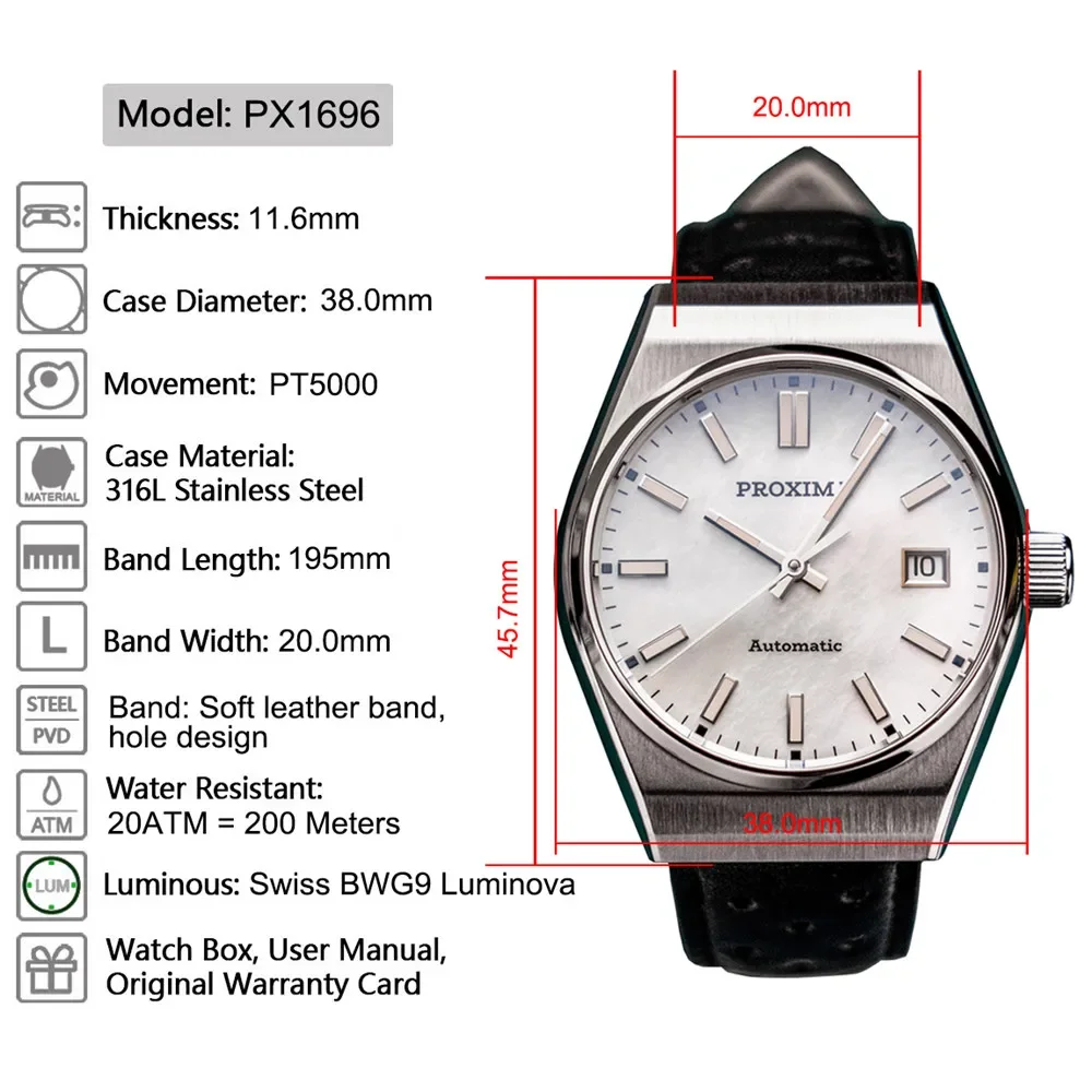 Proxima PX1696 modne męskie zegarki 38mm PT5000 automatyczny mechaniczny szafirowy zegarek w stylu vintage 200m wodoodporny BGW-9 Lume