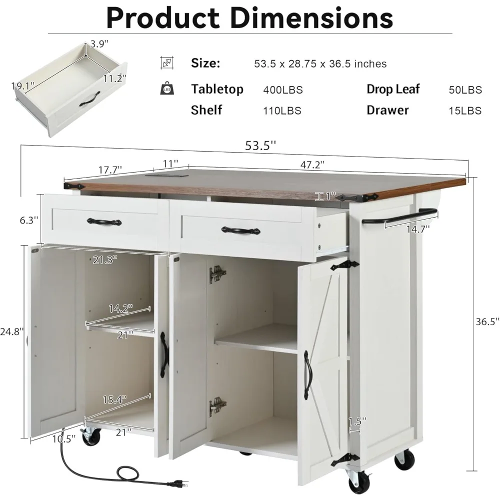 Farmhouse Rolling Kitchen Island with Power Outlet, Drop Leaf Breakfast Bar, Wooden Mobile Storage Island Cart on Wheels with