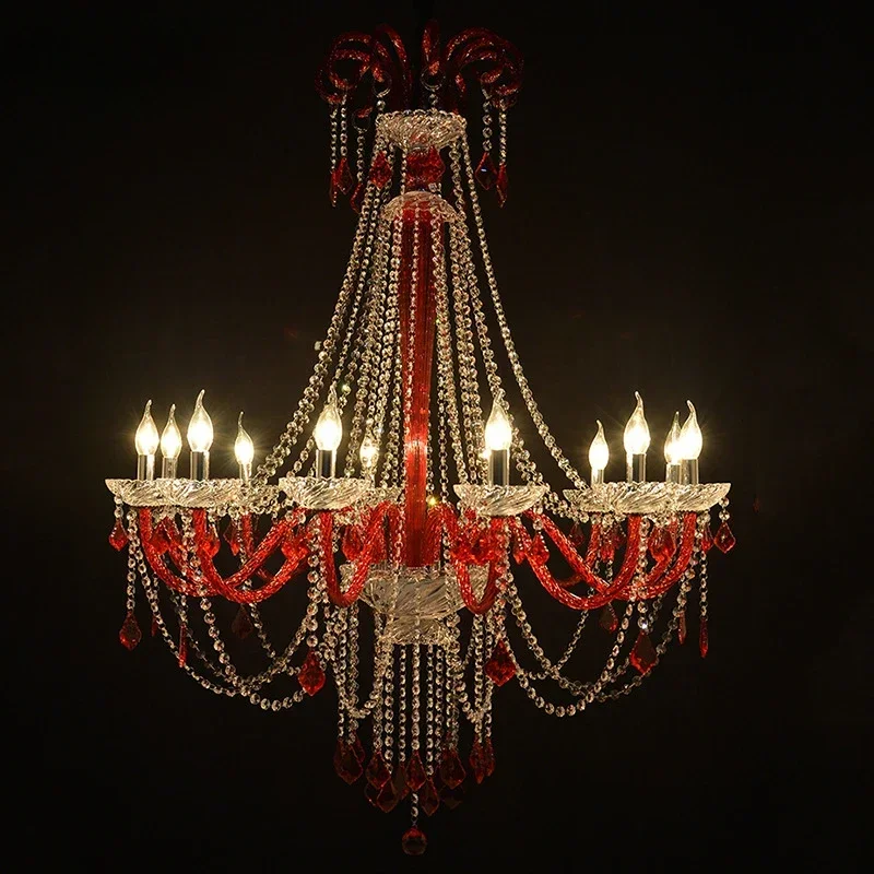 

European Style Crystal Pendent Lamp Red Candle Lamp Living Room Restaurant Villa Staircase Duplex Building Chandelier
