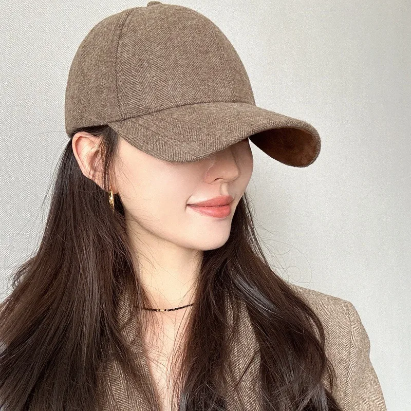 Unisex Winter Structured Wool Herringbone Baseball Cap Wide Brim Slim Face Hat