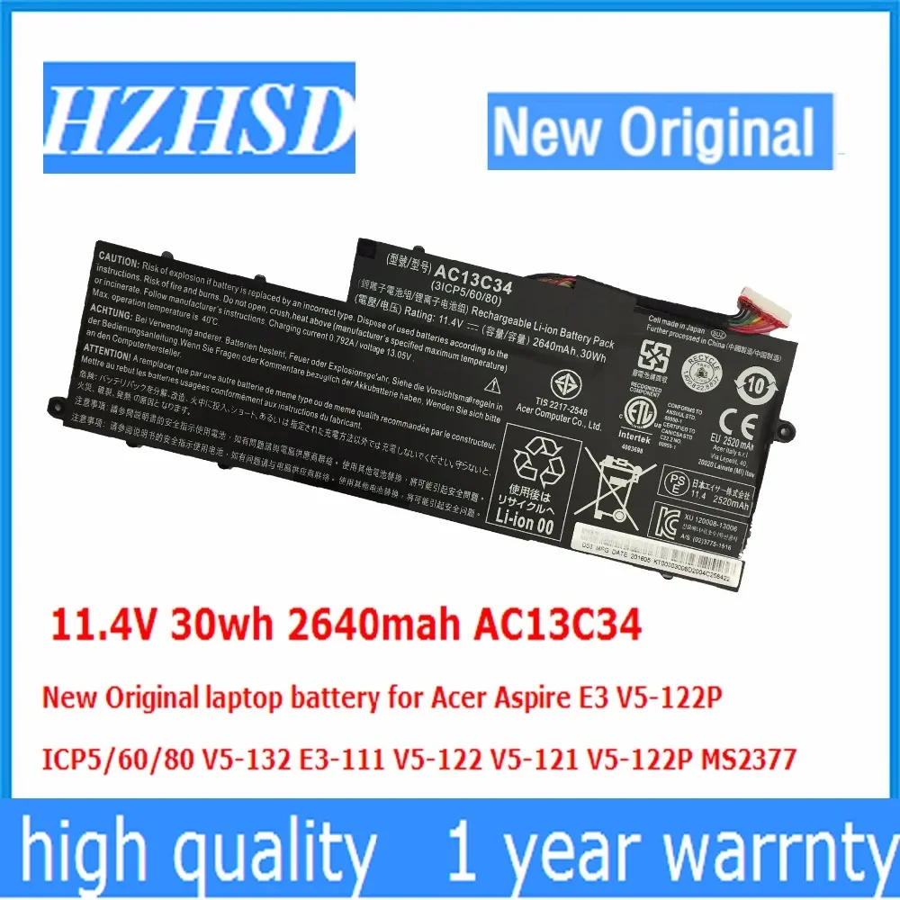 

11.4V 30wh 2640mah AC13C34 New Original laptop battery for Acer Aspire E3 V5-122P ICP5/60/80 V5-132 E3-111 V5-122 V5-121