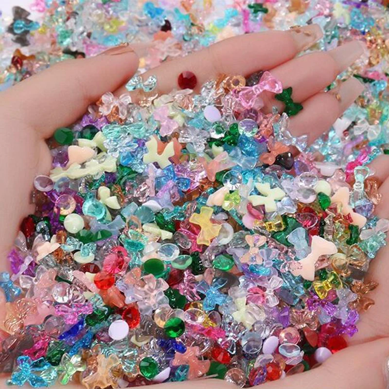 500/100pcs Mix  Jelly Ribbon Bow Shape Nail Art Charms Aurora Resin Bowknot 3D Rhinestone DIY Korean Manicure Parts Accessories