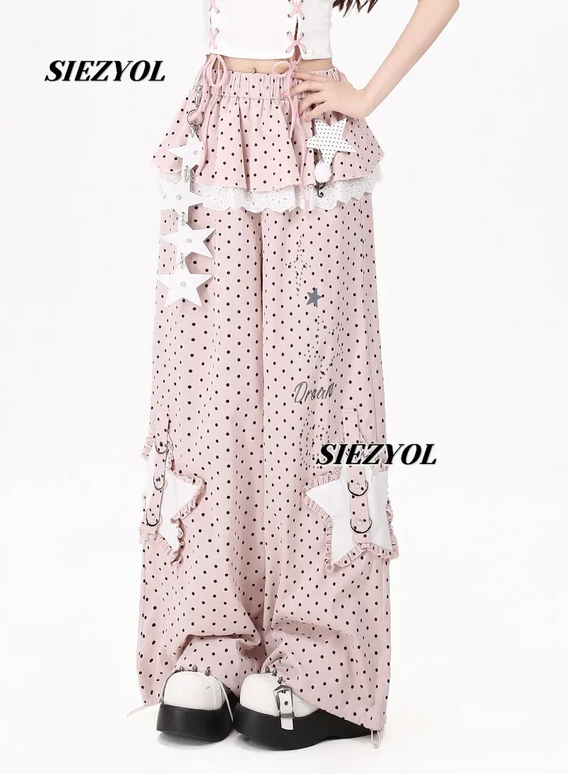 Original Polka Dot Fake Two-piece Pants Sweet Cool Style Elastic High Waist Straight-leg Loose Thin Casual Trousers