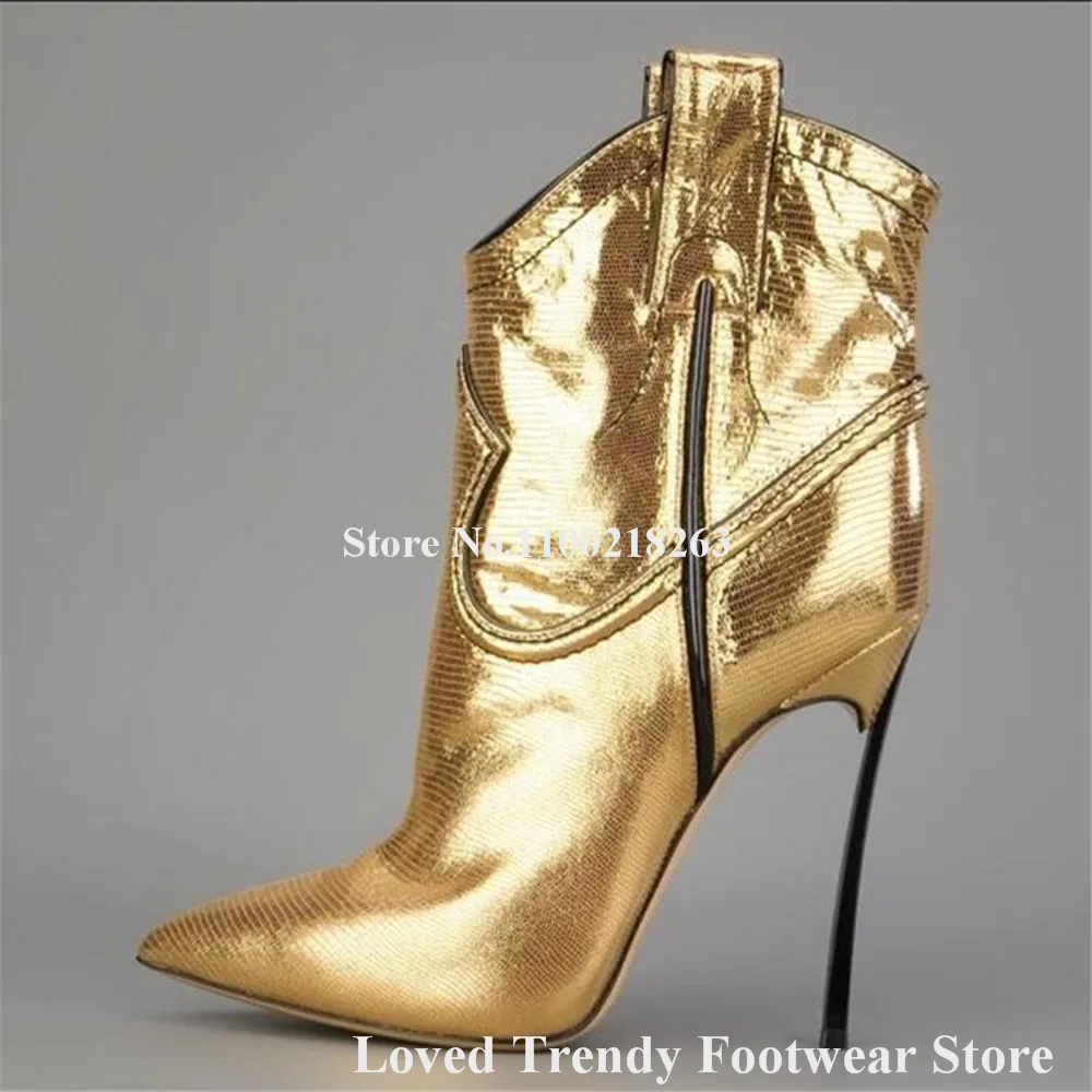 

Fashion Gold Silver Snakeskin Pattern Leather Metal Stiletto Heel Short Boots Pointed Toe Slip-on Thin Heel Ankle Booties