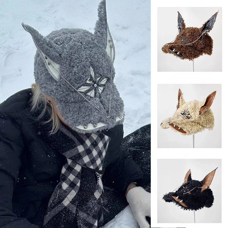 

Y2K Japanese Style Niche Lamb Velvet Doberman Baseball Cap Men Women Wasteland Darkness Rivet Winter Hip Hop Snapback Plush Hats