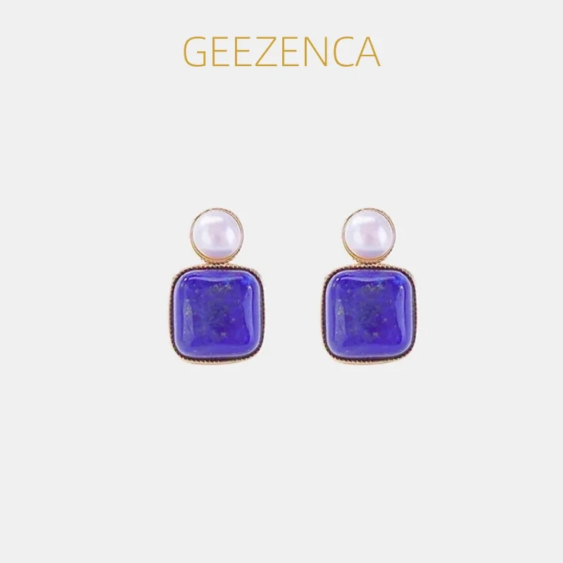 geezenca-アンバーラピスラズリパールスクエアスモールスタッドピアス女性-925-シルバーゴールドメッキ可憐な軽量スタックイヤリングギフト