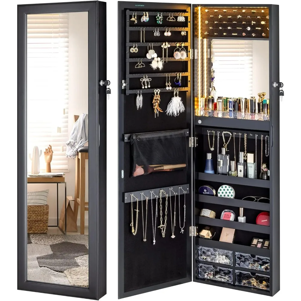 

LED Lights Mirror Jewelry Cabinet, 47.2" Wall Mounted/Door-Hanging, Lockable Jewelry Mirror Organizer, Mirror Cabinets