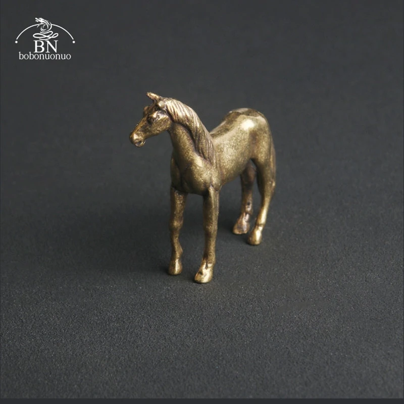 Antique Brass Solid Long Tail Horse Figurines Miniatures Feng Shui Ornaments Copper Zodiac Animal Mini Desktop Decoration Crafts