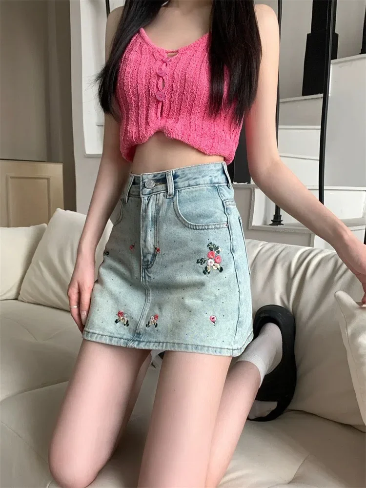 Slim Embroidery Casual Chic A-line Skirts Female Blue Fashion Street Tight Hip Skirts Summer American Retro Denim Women Skirts