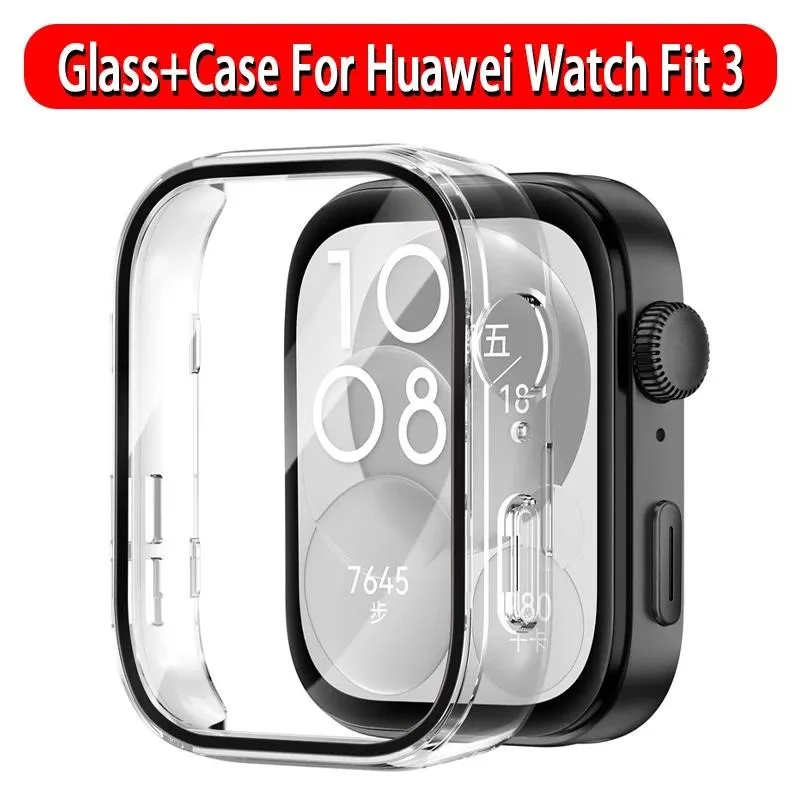Glas+Hülle für Huawei Watch Fit 3 Rundum-Displayschutz Hartplastik-Stoßfänger Gehärtetes Glas Uhrenhülle für Huawei Watch Fit 3