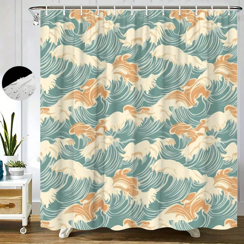 

Шторка для душа в стиле ар-деко с волнообразным узором – бирюзовый/кремовый/мягкий оранжевый, 2D плоская печать, водонепроницаемый полиэстер, 70×70 дюймов, 12 крючков