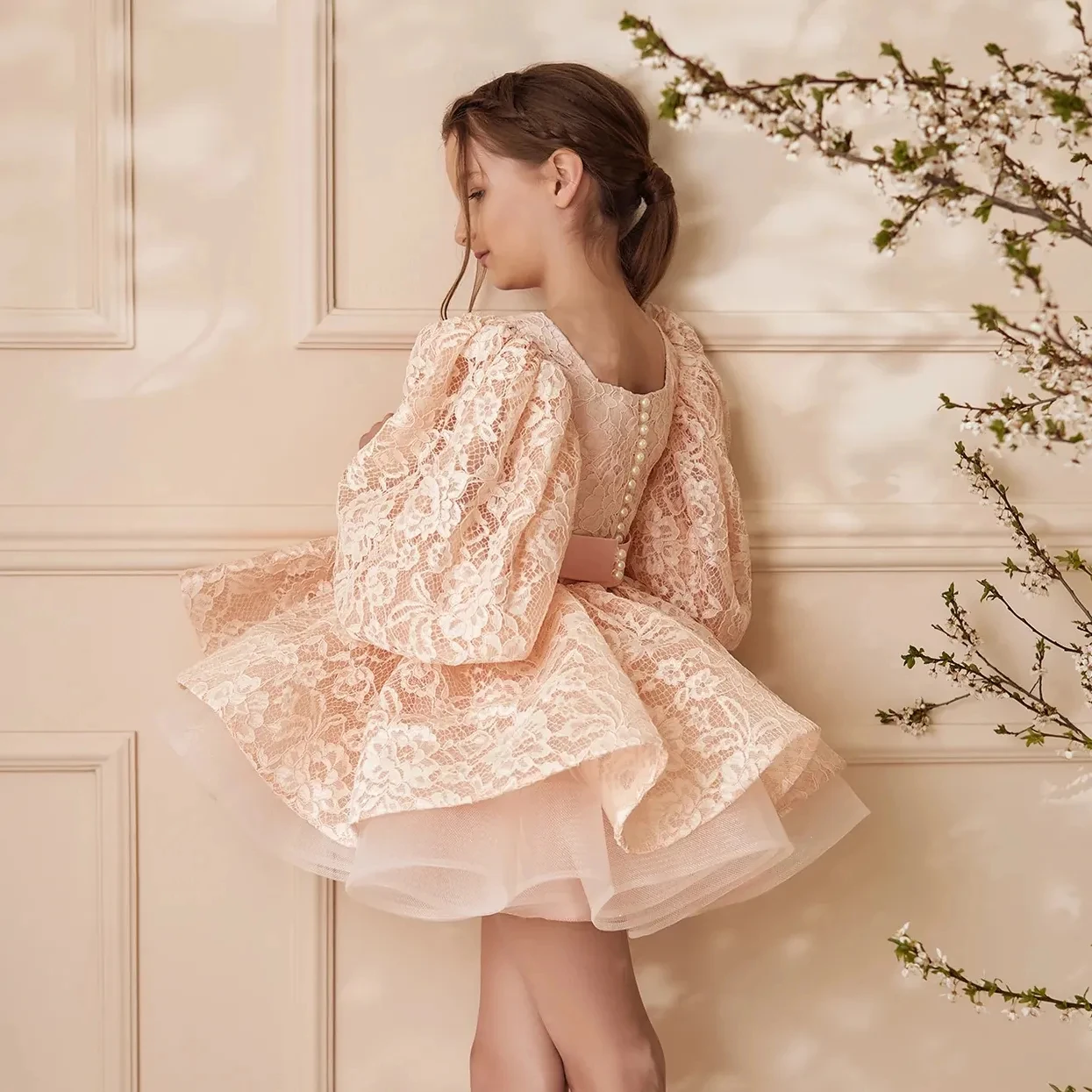 

Light Pink Flower Girl Dress Mini Puffy Short Sleeve Lace Tulle Toddler Infant Princess Kid Pageant Gown Birthday Holiday Dress