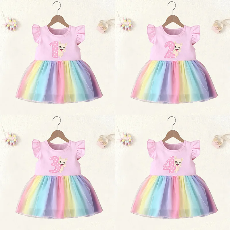 Baby Girl Clothes 1 2 3 4 Years Birthday Dress French Bulldog Dog Print Princess Vestidos Toddler Girls Rainbow Mesh Dresses