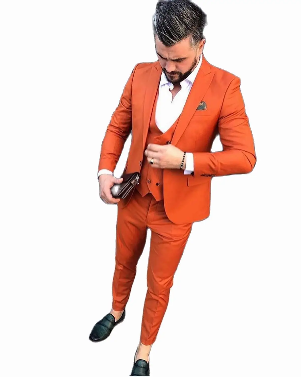 Orange Slim Fit Mens Prom Anzüge Eine Taste Erreichte Revers Hochzeit Anzüge Für Männer Smoking Drei Stücke Blazer Jacke + hosen + Weste