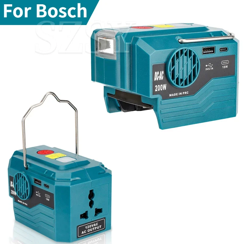 200W Portable Power Inverter 120V/220V Compatible For Bosch 18V Lithium Battery with AC Outlet and USB Type-C 280LM LED Light