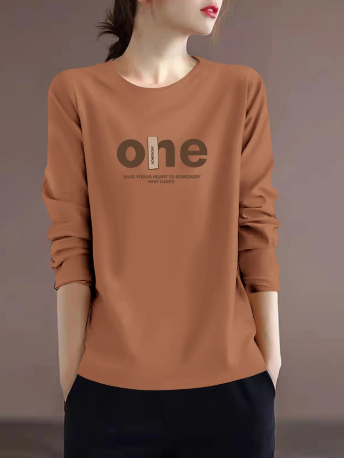 Faionable القطن الخالص اليابانية Sle مطبوعة التخسيس العصرية الأعلى للنساء الخريف فضفاضة تناسب طويلة Sve جولة Ne تي شيرت