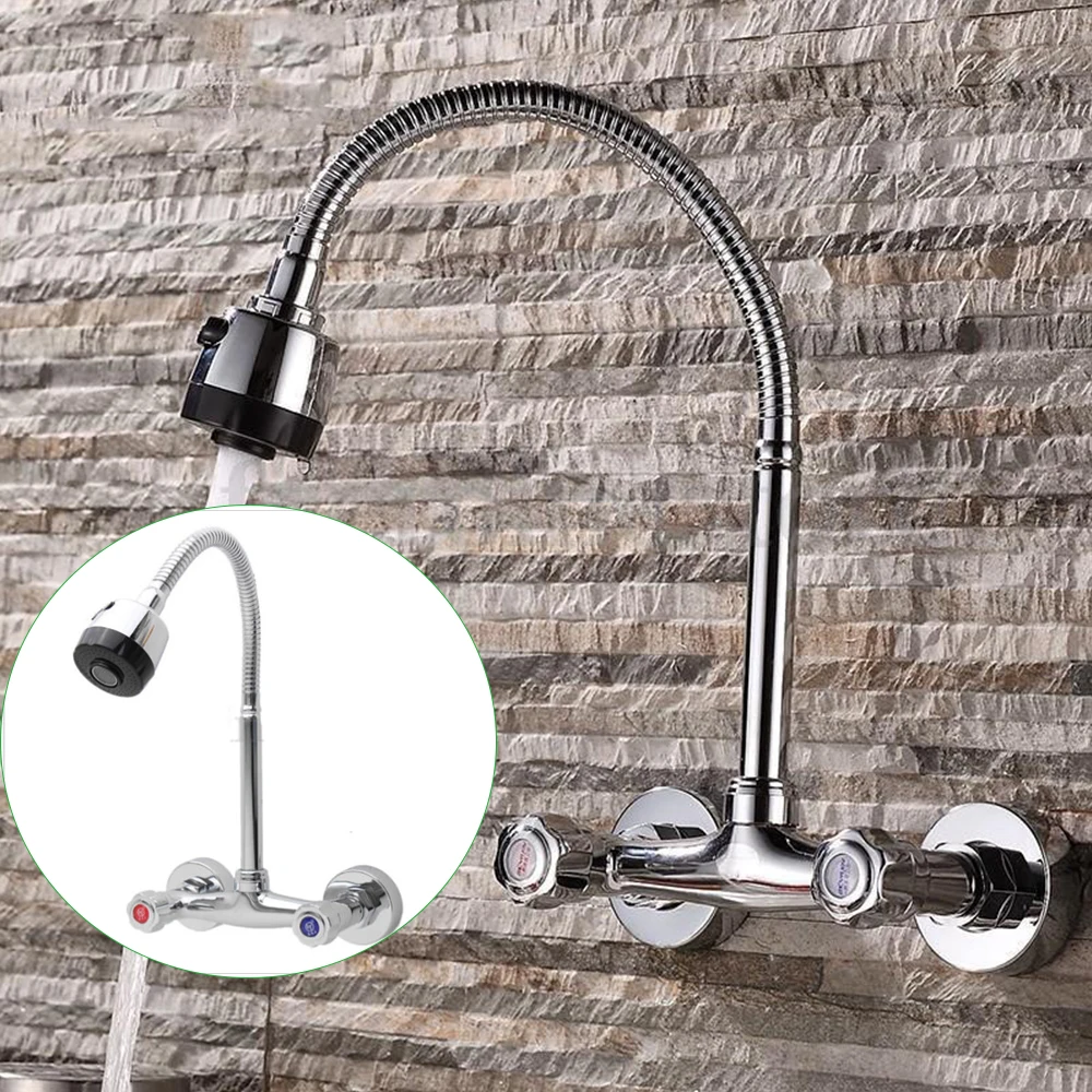 Wall Tap, Wall Mounted Kitchen Bathroom Tap, 360° Swivel Spout Basin, Two-Handle Mixer Wall Fitting, Wall Sink