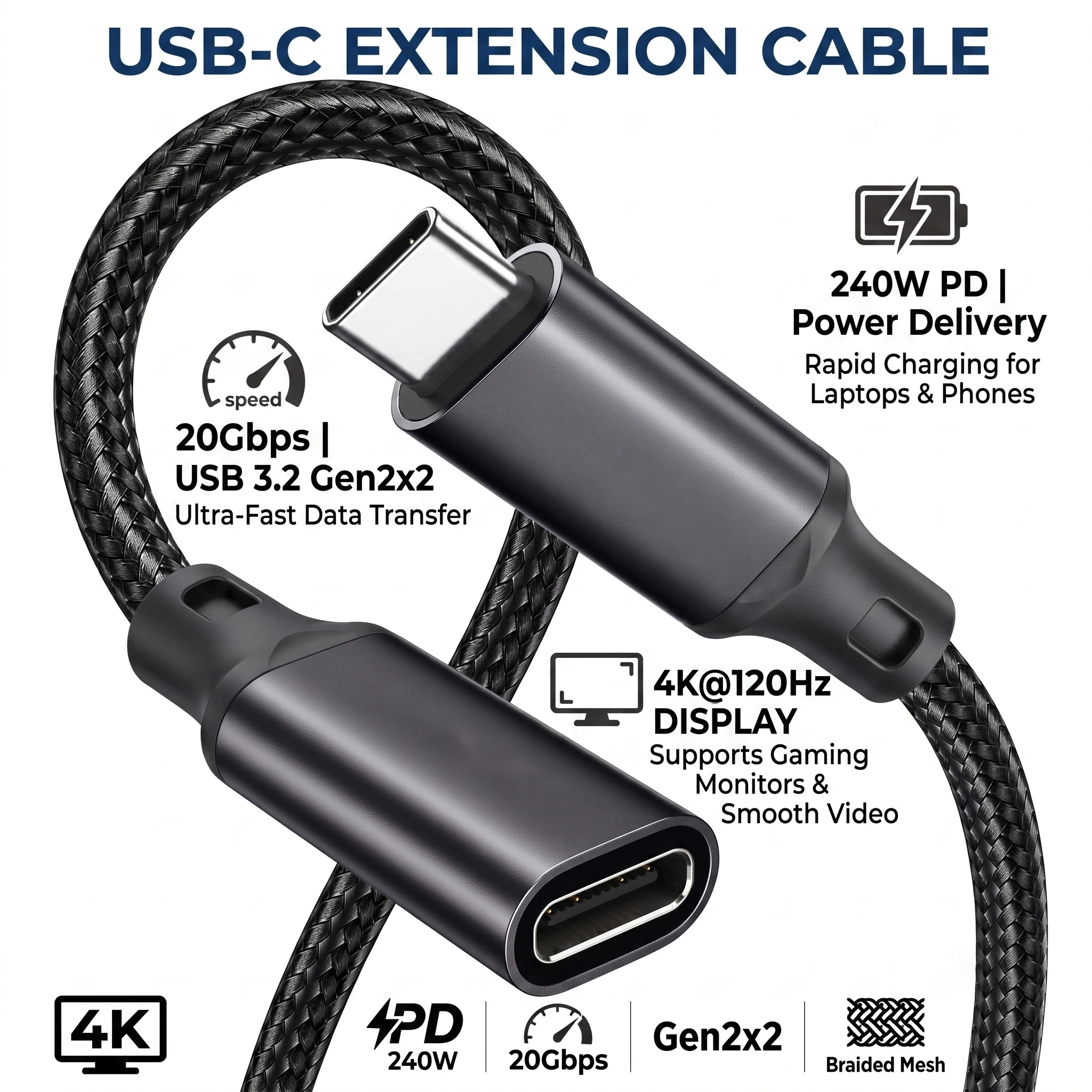 USB C Extension Cable 20Gbps USB3.2 Gen2x2 240W Type C Extender Video Transfer Male to Female Cord For Hub PSVR2 Laptop Dock