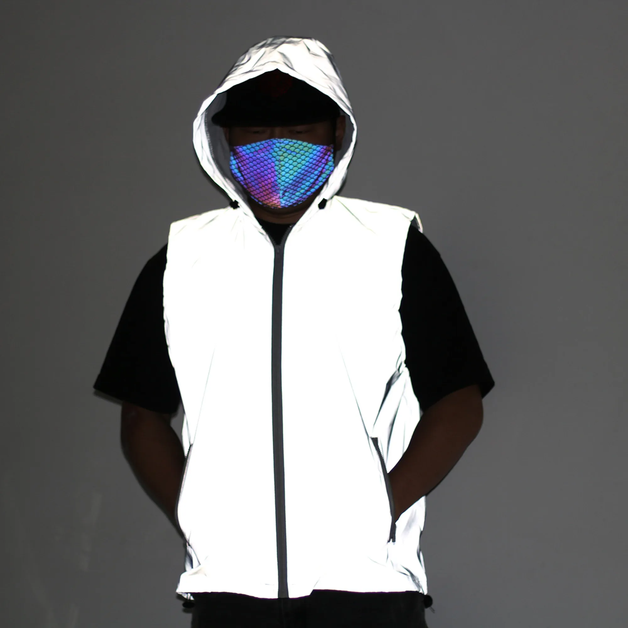 Holographic Reflective Vest Cool Hoodie Reflective Rave Zipper Jacket Burning Man EDM Rave Clothing