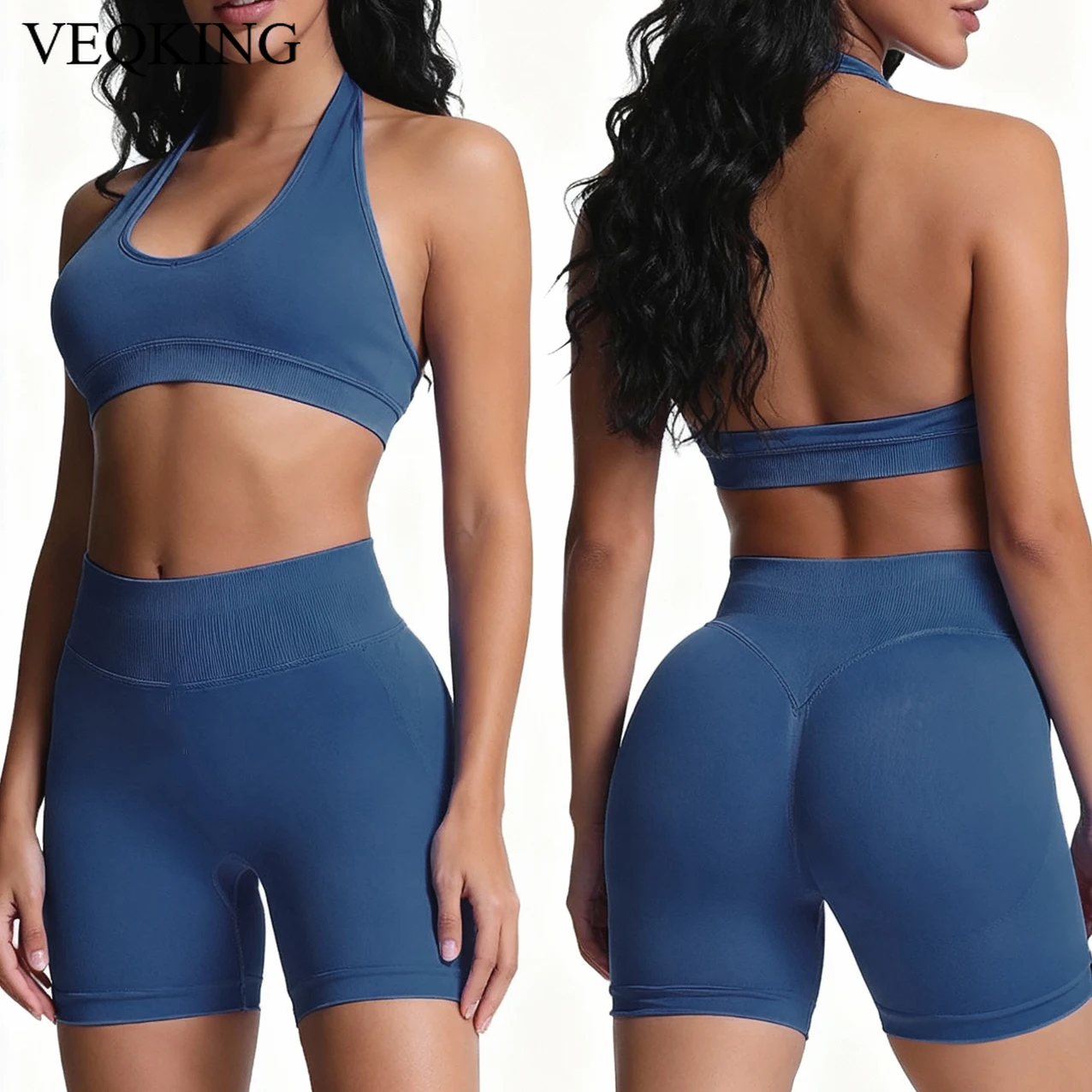 

VEQKING Backless Women Yoga Bras Seamless 2pcs Sports Legging Sets Push Up Gym Halter Top Scrunch Butt High Support Active Pants