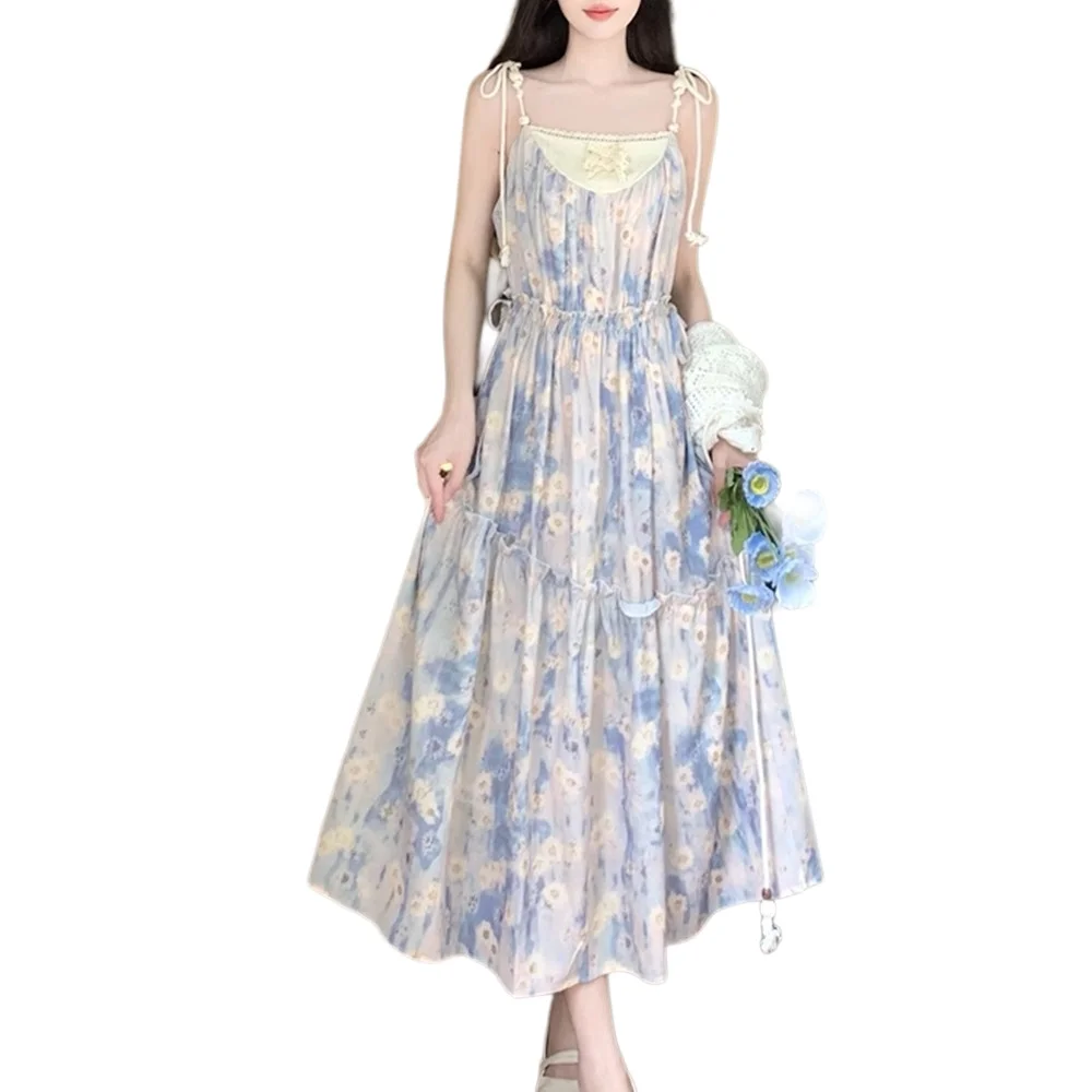 طقم كارديجان من قطعتين بطباعة زهور حلوة مع دانتيل، مقاس كبير للصيف، زي سفر ريفي أنيق باللون الأزرق بخصر مرتفع...