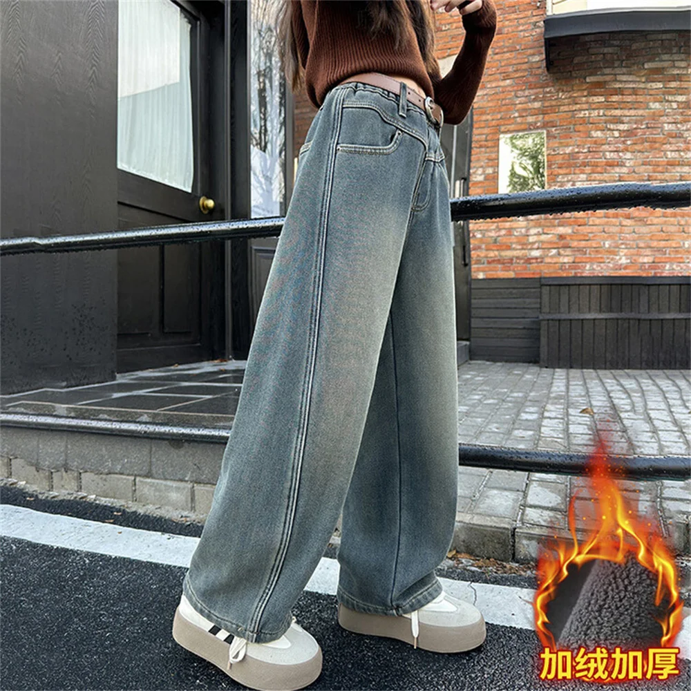 023 Korean Fashionable Bent Knife Jeans Winter Warm Thick Girls\' Jeans Children\'s Wide Leg Pants Kid Pants